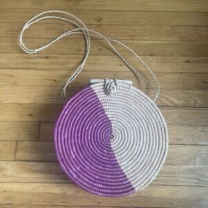 Handmade Round Wicker Hard Shell Crossbody Purse 11.5"    Purple Color Block